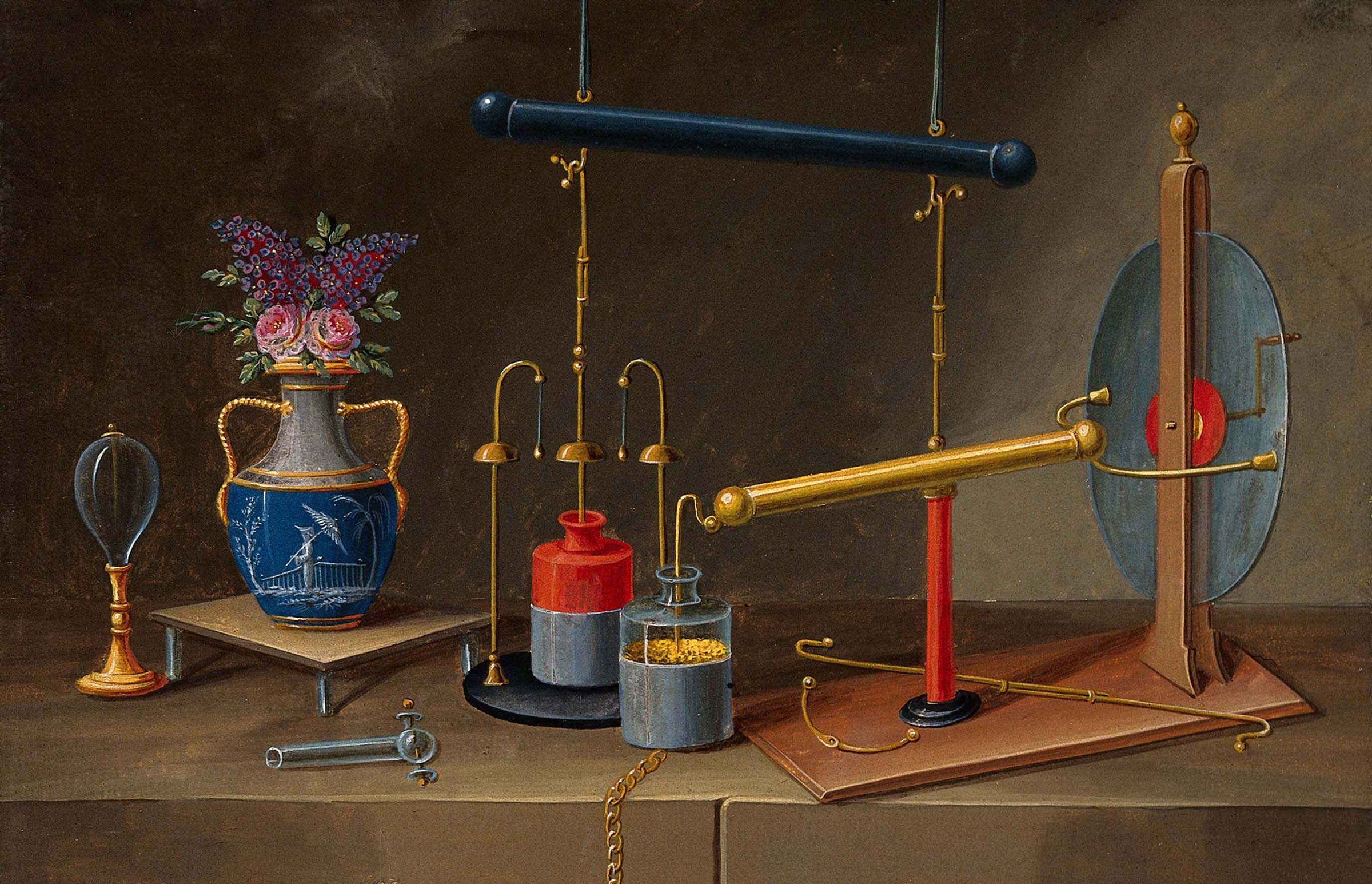 Electricity: condenser jars, an electro-static generator, and a vase with flowers, c. 1800.