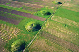 A photograph of Scythian burial mounds. Large green mounds in a field, seen from above.