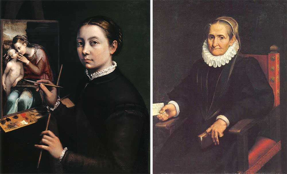 Left: Self-Portrait at the Easel, by Sofonisba Anguissola, 1556. Right: Self-Portrait, by Sofonisba Anguissola, 1610.