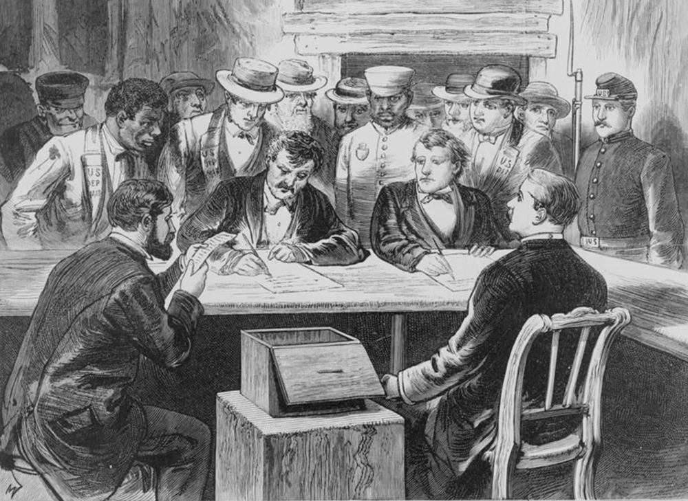 Counting the Vote on November 7 at Elephant Johnnie’s, by S.W. Bennett, 1876.