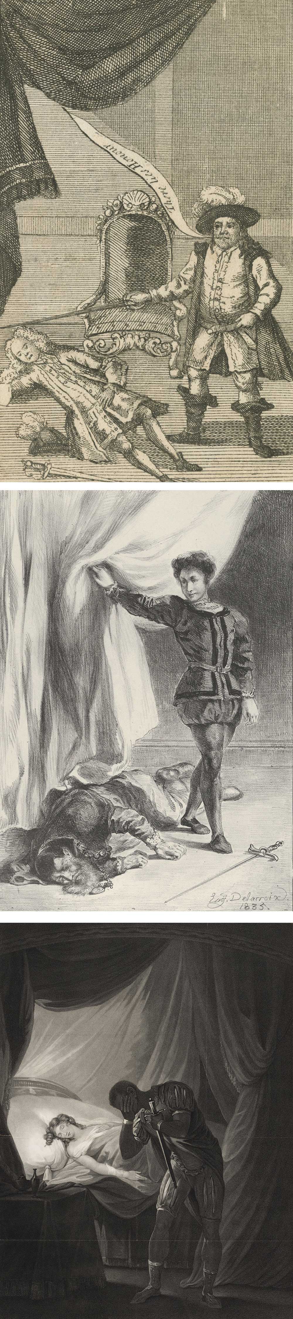 Top: Falstaff standing over Hotspur with a sword. Middle: Hamlet pulling the curtain back to reveal Polonius. Bottom: Othello covering his face as he stands over Desdemona asleep in bed.
