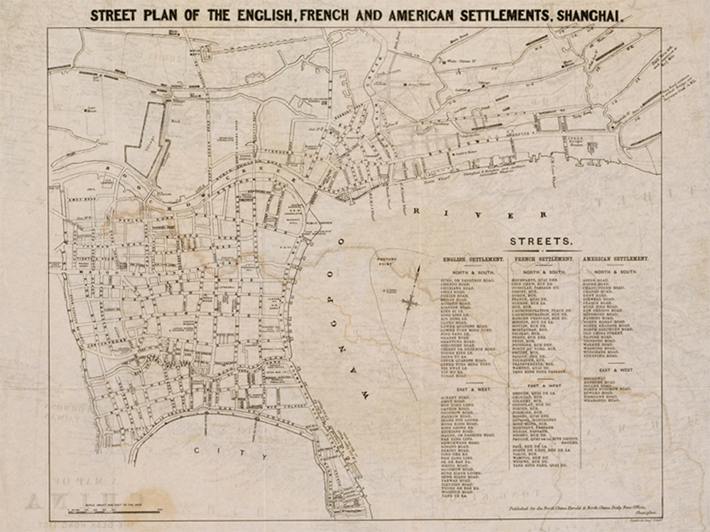 Street plan of the English, French, and American settlements, Shanghai, published for the North China Herald and North China Daily New Offices, c. 1870. Virtual Shanghai Project, Bibliothèque nationale de France.