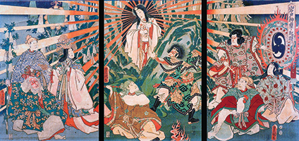 Three panels of a painting of Shinto deities