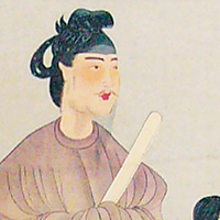 Woodblock illustration of Prince Shotoku holding a scroll