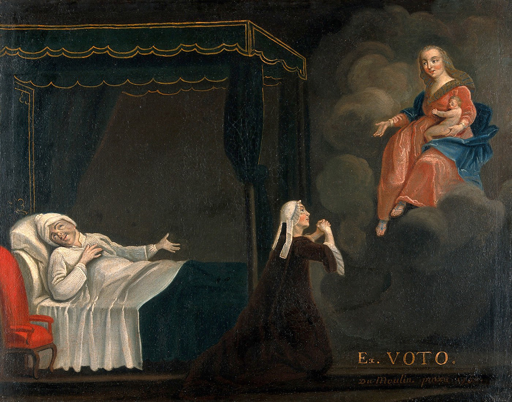 A painting of a sick man in bed, and a woman praying to the Virgin and Child.