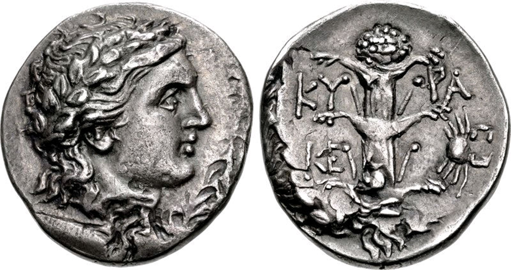 Coin of Magas of Cyrene (L) and silphium and small crab symbols (R), c. 300-275 BC. Classical Numismatic Group, Inc. (CC BY-SA 3.0)