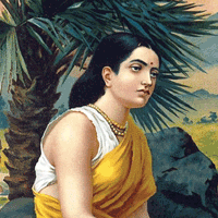 Painting of a young woman with dark hair wearing a yellow sari