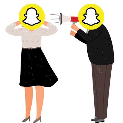 Man using a megaphone to talk to a woman covering her ears, both with the Snapchat logo over their faces