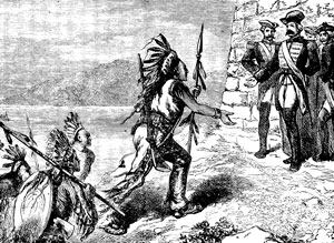 A black and white drawing of North American indigenous people meeting with a small group of white men in eighteenth-century military uniforms. 