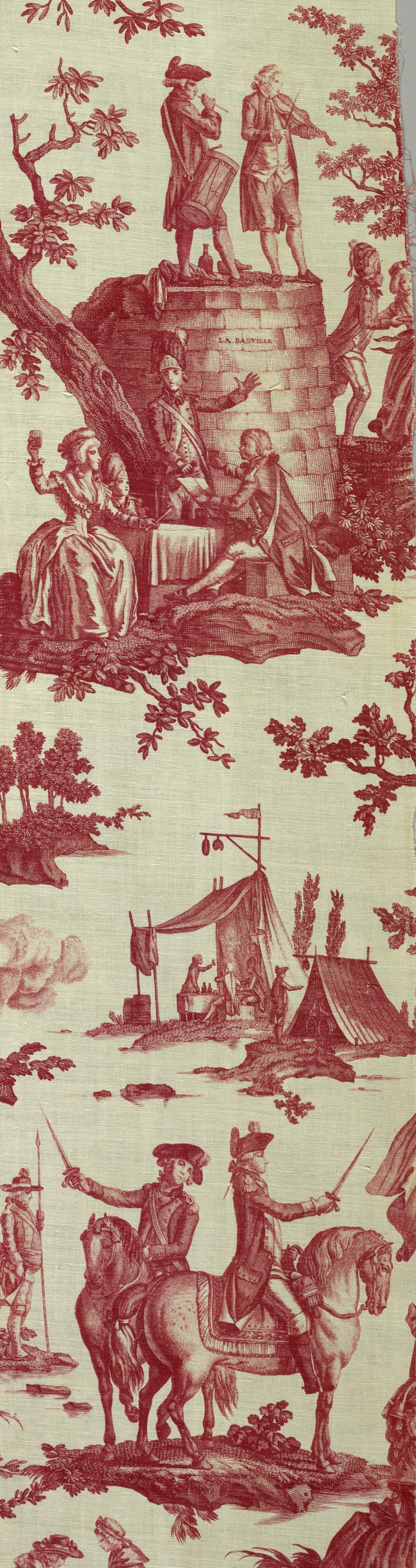 Textile embroidered with celebratory scenes from the Revolution.
