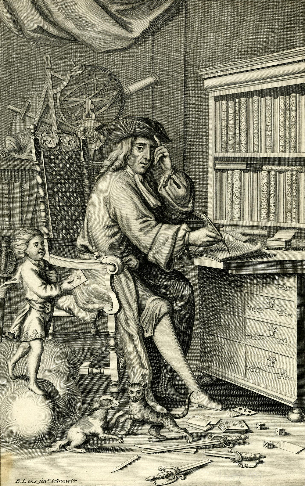 Engraving of Isaac Bickerstaff, Esq., by John Sturt, after Bernard Lens II, 1710.