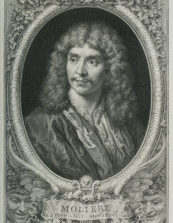 black and white pencil drawing of Moliere in an ornate frame