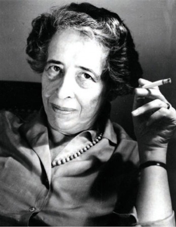 Black and white photograph of political scientist and philosopher Hannah Arendt holding a cigarette.