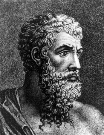 Classical engraving of Aristophanes with a long beard.