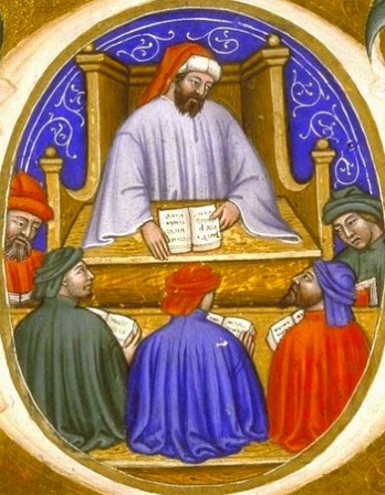 Boethius Image from an illuminated manuscript of Boethius teaching two students.