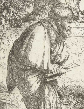 Illustration of a bearded man in profile carrying a lantern and holding a scroll.