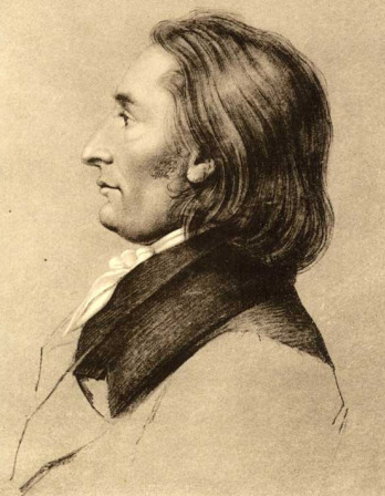 Profile drawing of a man with neck-length hair combed back