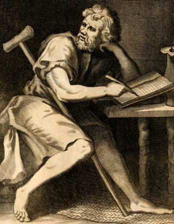 Engraving of a bearded man seated with a crutch and writing at a desk