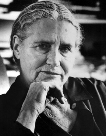 Black and white photograph of British writer Doris Lessing.