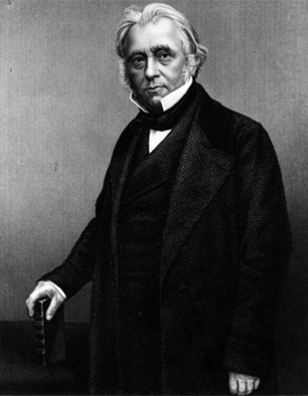 Black and white print of English politician, essayist, and historian Thomas Babington Macaulay.