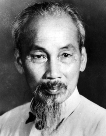 Black and white photograph of former Democratic Republic of Vietnam president Ho Chi Minh.