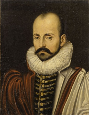 Oil painting portrair Michel de Montaigne in red robes and white collar 