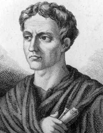 Black and white engraving of Roman author Petronius.