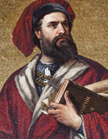 Marco Polo Mosaic portrait of a bearded man in red holding a book