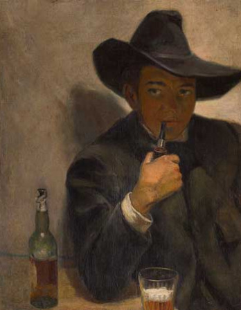 Painting of a man in a broad-brimmed hat holding a pipe in his mouth