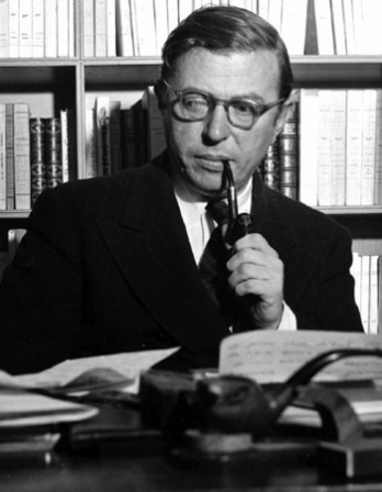 Black and white photograph of French novelist, playwright, and philosopher Jean-Paul Sartre.