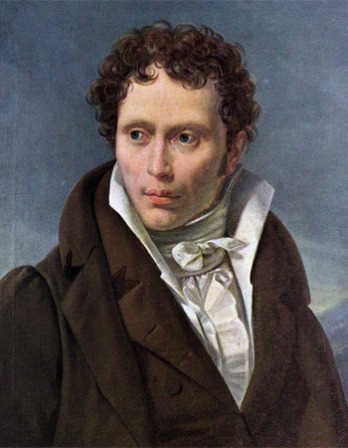 Portrait of young Arthur Schopenhauer wearing a brown suit and a cravat.