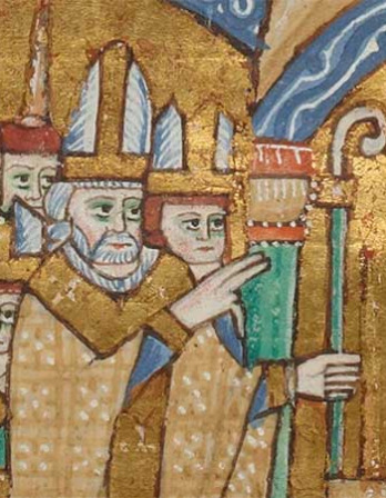 Illuminated manuscript illustration of a bearded man wearing a mitre and holding a staff