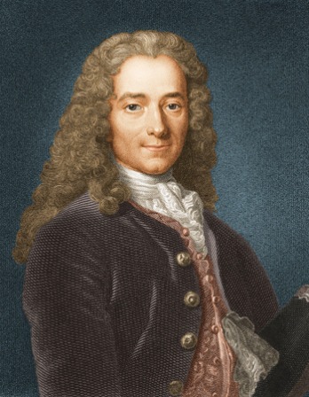 Colorized engraving of Voltaire wearing a wig.