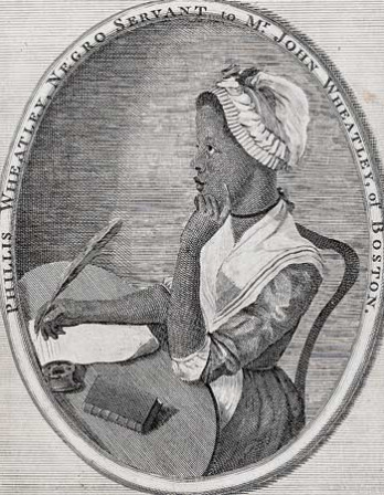 Illustration of a woman wearing a bonnet and writing with a quill at a desk