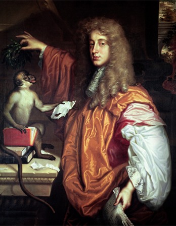 Portrait of English wit and poet John Wilmot, 2nd Earl of Rochester with monkey.