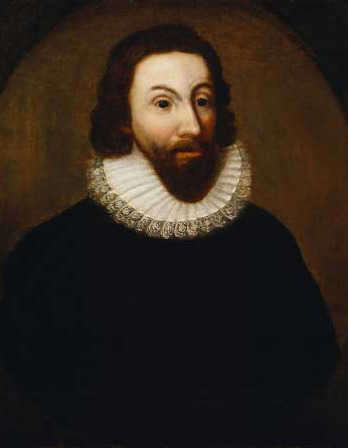 Painting of a bearded man with dark eyes wearing a white ruff
