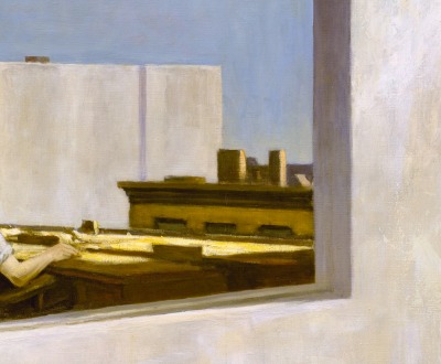 Painting of a man in an office looking out of the window.