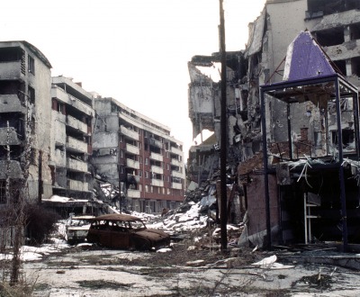 View of Grbavica, a neighbourhood of Sarajevo, approximately 4 months after the signing of the Dayton Peace Accord that officially ended the war in Bosnia, 1996. Photograph by Lt. Stacey Wyzkowski.  View of Grbavica, a neighbourhood of Sarajevo, approximately 4 months after the signing of the Dayton Peace Accord that officially ended the war in Bosnia, 1996. Photograph by Lt. Stacey Wyzkowski.