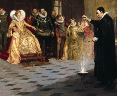 John Dee performing an experiment before Queen Elizabeth I.