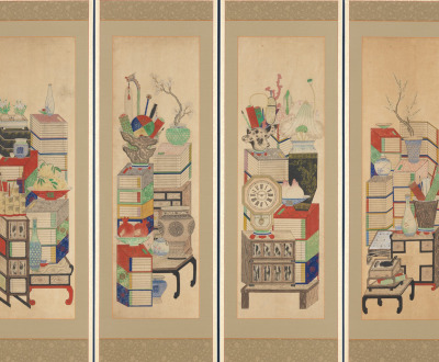Detail of Books and Scholars’ Possessions, ten-panel folding screen by an unidentified artist, early twentieth century. The Metropolitan Museum of Art, Purchase, Shelby White Gift, 2005.