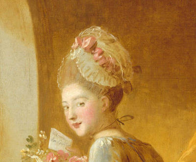 Detail of a woman holding a bouquet and a letter and looking over her shoulder at the viewer