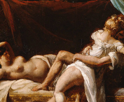 Painting of a woman and man embracing on a bed while a nude reclining woman watches.
