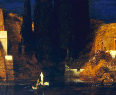 Painting of a boat with two shrouded figures approaching a rocky island at night.