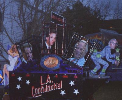 Krewe du Vieux float satirizing Louisiana politicians with legal problems, including former governor Edwin Edwards (second from right) and notorious state representative David Duke (second from left), both in prison at the time, 2003. Photograph by Infrog Krewe du Vieux float satirizing Louisiana politicians with legal problems, including former governor Edwin Edwards (second from right) and notorious state representative David Duke (second from left), both in prison at the time, 2003. Photograph by Infrog