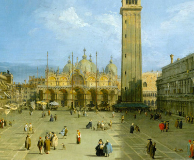 Painting of a sunlit plaza with people and a bell tower.