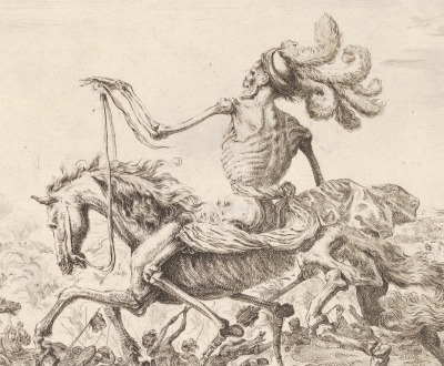 Death on a battlefield, atop a horse riding towards the left, wearing a hat with many feathers, other figures of Death battling to left and right in the background, by Stefano della Bell