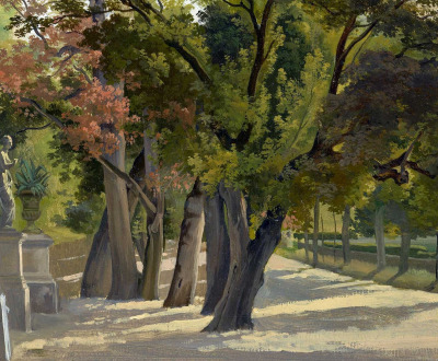 Painting of two statues in a grove of trees.