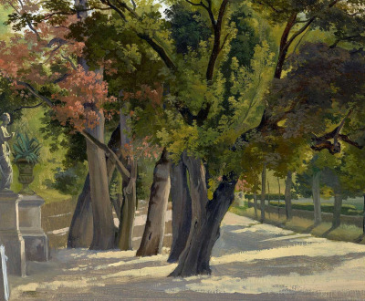 Entrance to the Giardino del Lago, Villa Borghese, Rome, by Gustav Wilhelm Palm, 1844. © The Metropolitan Museum of Art, Thaw Collection, jointly owned by the Metropolitan Museum of Art and the Morgan Library & Museum, gift of Eugene V. Thaw, 2009. Painting of two statues in a grove of trees.