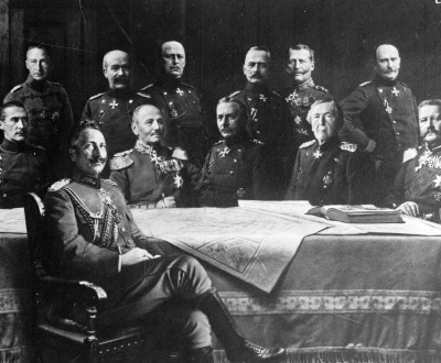 A composite image of Kaiser Wilhelm II and his Generals, c. 1914.