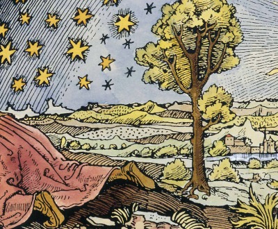 Medieval missionary discovering the point where heaven and earth meet, twentieth-century coloration of black-and-white engraving from The Atmosphere, by Camille Flammarion, 1888. 